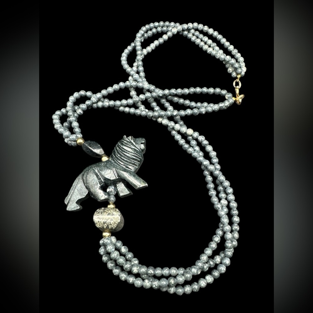 Vintage Shungite and Snowflake Obsidian Lion Multi Strand Necklace 30” - Picture 1 of 5